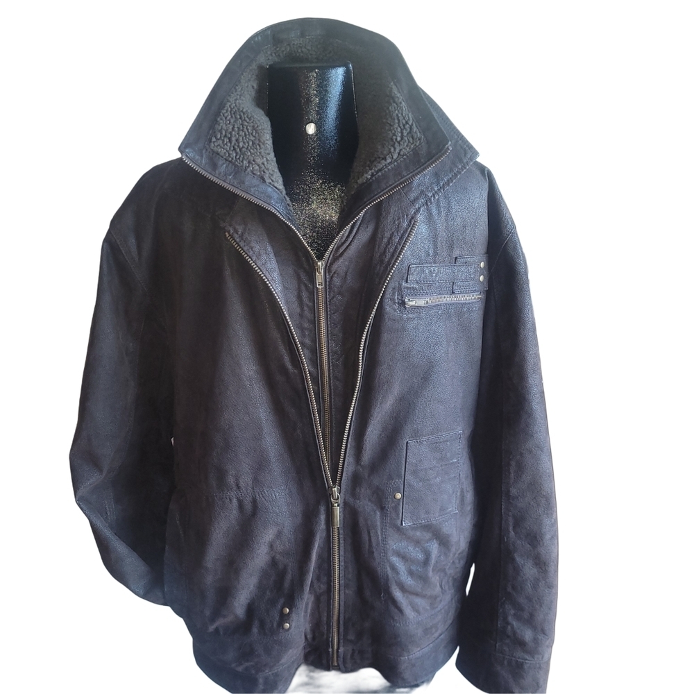 Idao Men's Dark Brown Suede Leather Jacket With Removable Lining Size L